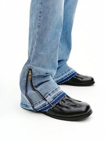 DSELFIQUE 男士浅色水洗阔腿喇叭牛仔裤，拉链细节设计，适合休闲穿着 男士浅色水洗牛仔裤 - 淺色水洗藍 - 查看 5