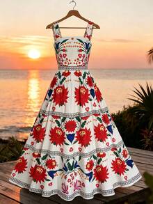 SHEIN Holidaya Đầm nữ mới cổ vuông, dây bản rộng, hở lưng, thắt nơ ở eo, xếp lớp, dáng xòe. - Nhiều màu - Xem 1