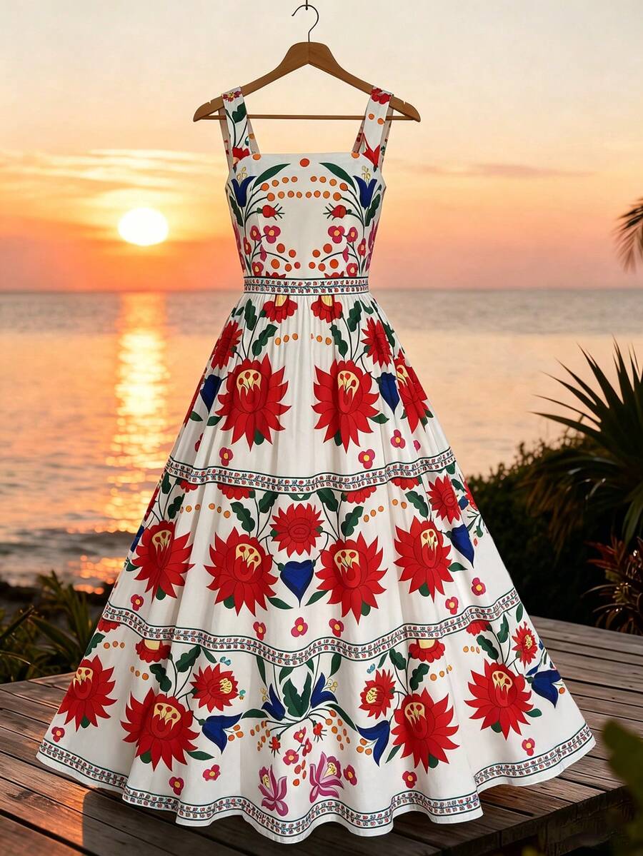 SHEIN Holidaya Đầm nữ mới cổ vuông, dây bản rộng, hở lưng, thắt nơ ở eo, xếp lớp, dáng xòe. - Nhiều màu - Xem 1