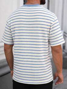 Manfinity Homme Men's Round Neck Short Sleeve T-Shirt,Blue And White Stripe,Summer,Casual,Vacation,Textured Pineapple Printed Fabric,Japanese Style Spring Office Wear - Multicolor - View 2