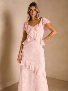 Enchnt Gaun Pesta/Koktail/Pernikahan/Prom Panjang Wanita Warna Pink Muda Polos dengan Hiasan Ruffle di Bagian Bawah dan Pinggang yang Dikencangkan, Warna Pink Terang - Coral Pink - View 7
