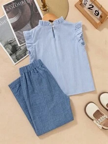 2pcs/Set Tween Girls Light Blue & White Vertical Striped Sleeveless Top With Ruffle Trim And Wide Leg Pants, Comfortable And Stylish For Spring/Summer - Blue - View 2