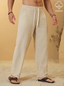 VENTUSAIL Pantalones casuales de algodón y lino con cordón en la cintura, unicolor para hombres - Caqui - Ver 4
