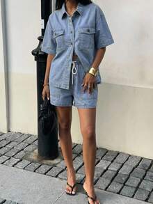 DAZY Women's Casual Washed Pocket Shirt And Denim Shorts Set, Summer - Blue - View 6