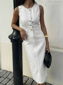 DAZY Women's Casual Washed Denim Round Neck Sleeveless Denim Dress, Summer Dress - Beige - View 9