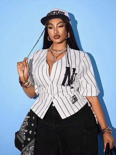 Maweii 大码女式白色条纹衬衫，字母印花开衫短袖上衣，侧边抽绳