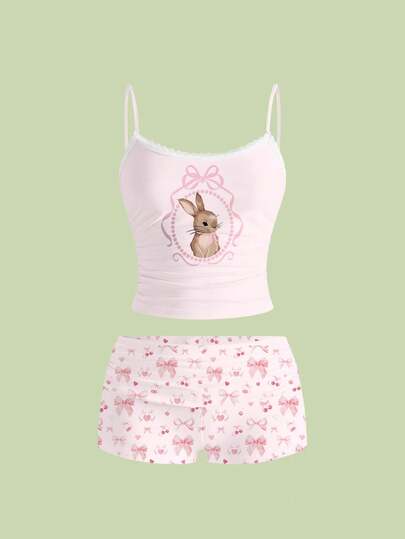 ROMWE Kawaii Bộ đồ hai mảnh gồm áo hai dây và quần short xếp ly hình thỏ dễ thương, kiểu dáng gợi cảm và năng động, thích hợp cho mùa xuân/hè.