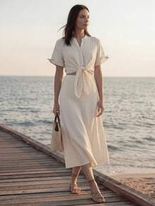 Briarwyn 女士条纹系带衬衫和迷你裙休闲两件套 - 白色 - 查看 3