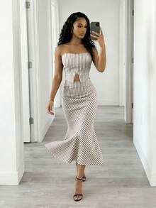 Eryvara Bộ đồ 2 món gợi cảm dành cho nữ: Áo quây kẻ sọc và chân váy đuôi cá cạp cao, phong cách thời trang Âu Mỹ. - Màu Khaki - Xem 3