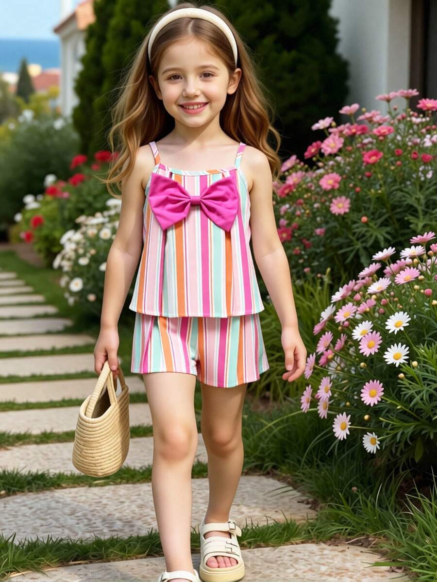 SHEIN Playful Pals 女童彩色条纹吊带背心，褶皱设计，搭配粉色蝴蝶结短裤套装，可爱甜美，日常穿着，适合夏季