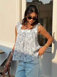 Serisse Women's Casual Ditsy Floral  Sleeveless Shirt, Summer Blouse For Women Summer Tops For Women Summer Cute Latest Tops For Women New Arrivals Casual Summer Outfits For Woman,Summer For Women, Vacation Woman, Babydoll, Textured Fabric, Square Collar And Cap Sleeves, A-Line Top, Suitable For Daily Wear, Wedding Season Holiday Resort,Casual Blouse For Women,Elegant Women's Blouses,Beach Outfit For Women,Beach Cover-Up Women,Summer Top Blouse For Women Casual - Multicolor - View 4