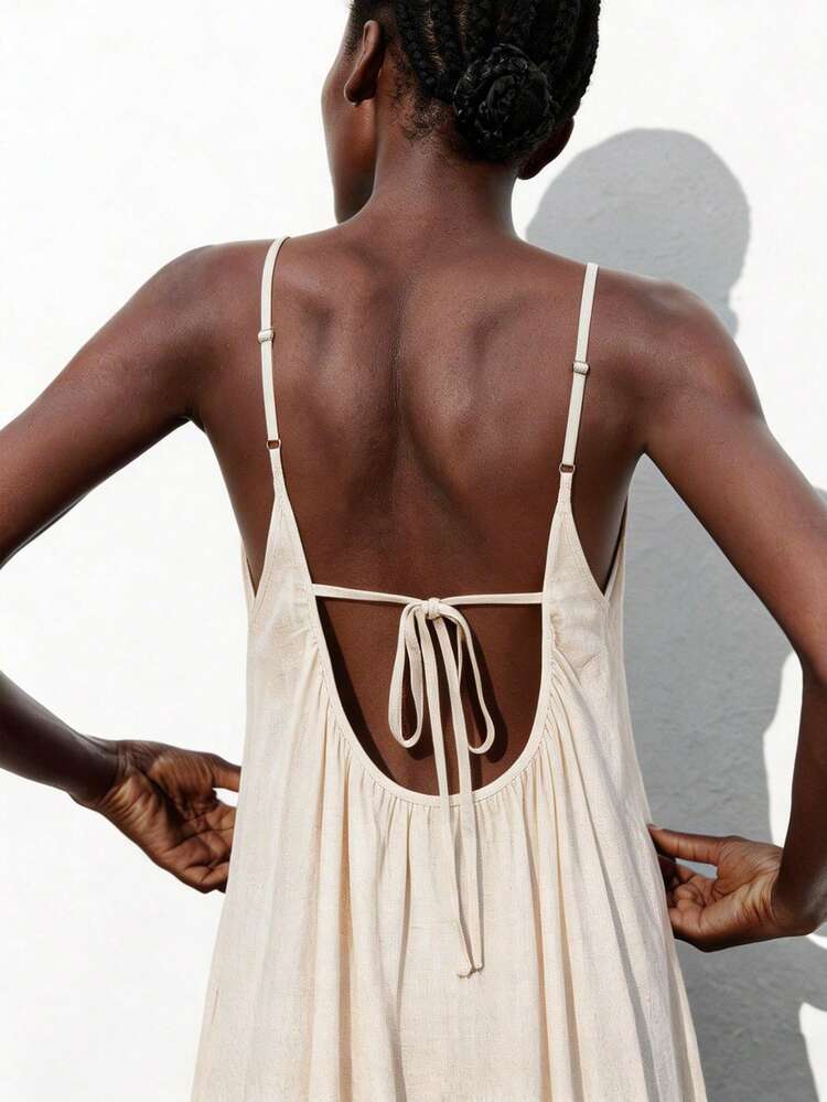 SHEIN Maija Women's Solid Color Pleated Pocket Casual Maxi Slip Dress,Summer Dresses For Women
