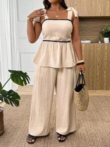 SHEIN Frenchy 大码女式撞色褶皱肩部打结设计上衣和阔腿裤休闲两件套 - 杏色 - 查看 4