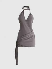 ROMWE Trang phục dự tiệc âm nhạc Y2K Baddie Party: Váy ngắn ôm sát eo, cổ yếm bất đối xứng, cổ chữ V sâu, thắt eo. - Xám - Xem 3