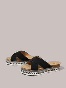 Styleloop Giày sandal đế xuồng cao gót mùa hè cho nữ, sandal hở mũi bằng dây gai dầu đan, đính đá lấp lánh, giày đi nghỉ mát phong cách bohemian, sandal La Mã, dép đi biển. - màu đen - Xem 2