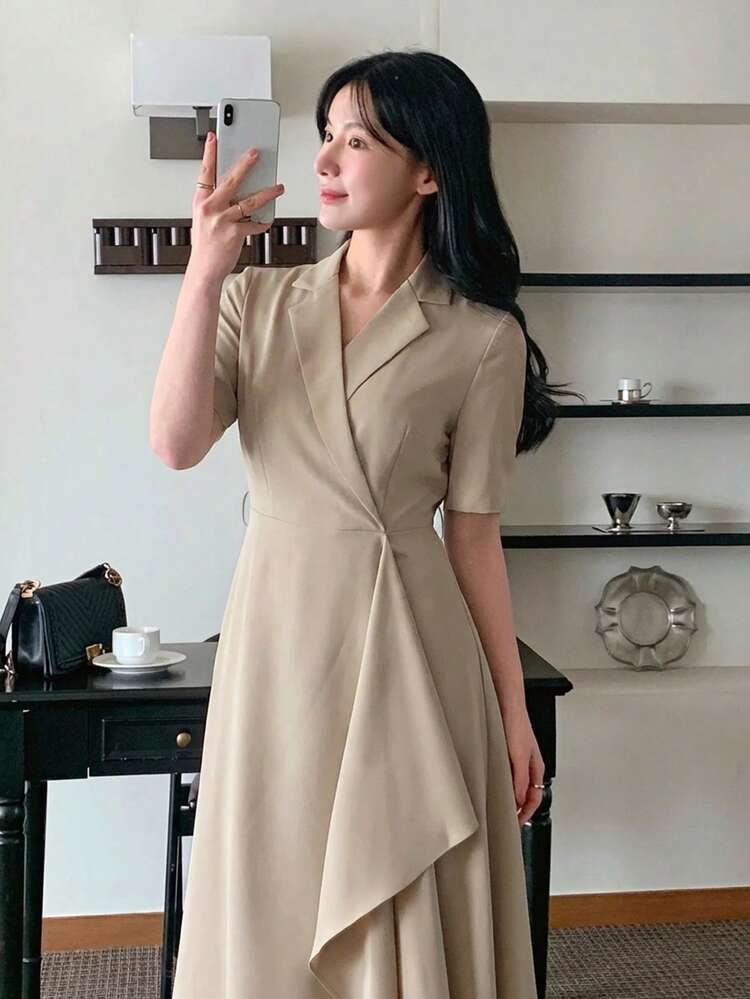 Women's Simple Commuter Solid Color Flat Collar Short Sleeve Mid-Length Dress, Summer
