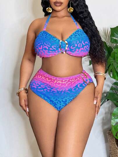 Slaydiva 2026 Spring/Summer Plus Size Swimsuit Set, Colorful Ombre Leopard Print, Metal Buckle Halter Neck, High Waist Bottoms With Metal Buckle, Sexy Beach Vacation Pool Outfit