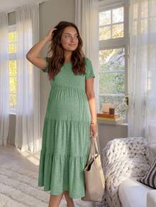 Vestido casual de embarazada con mangas cortas, dobladillo escalonado y unicolor para vacaciones y uso diario - Verde - Ver 4