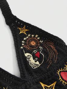 ROMWE Hippie Áo hai dây cổ yếm màu tối, áo croptop hở lưng thêu hình trái tim và mặt trời kiểu retro. - màu đen - Xem 3