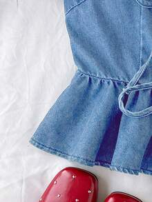 Comfortcana Bộ áo vest và quần denim nữ mùa hè kiểu dáng thường ngày, buộc dây, có bèo nhún ở gấu. - Rửa nhẹ - Xem 7
