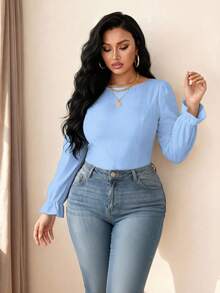 Elenzga Camisa elegante y casual de unicolor con mangas abullonadas y lazo en la espalda para mujer de talla grande, conjunto de verano - Celeste - Ver 3