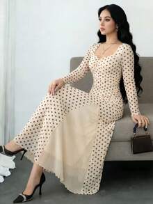 Modelyn 杏色波点网纱荷叶边长袖撞色网纱露背系带优雅中长连衣裙 - 杏色 - 查看 3