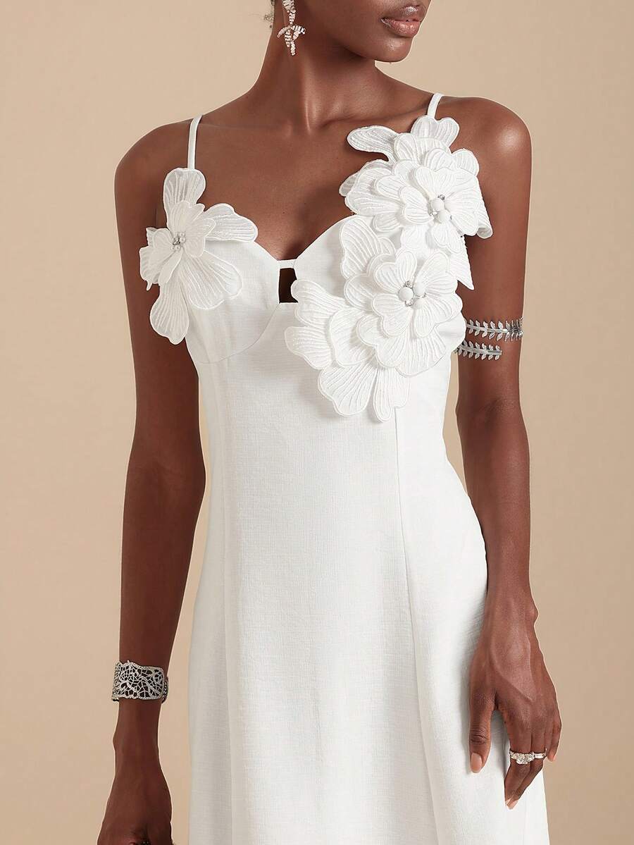SHEIN Veneréa White 3D Floral Embellished Elegant Women's Mid-Length Dress - White - View 1
