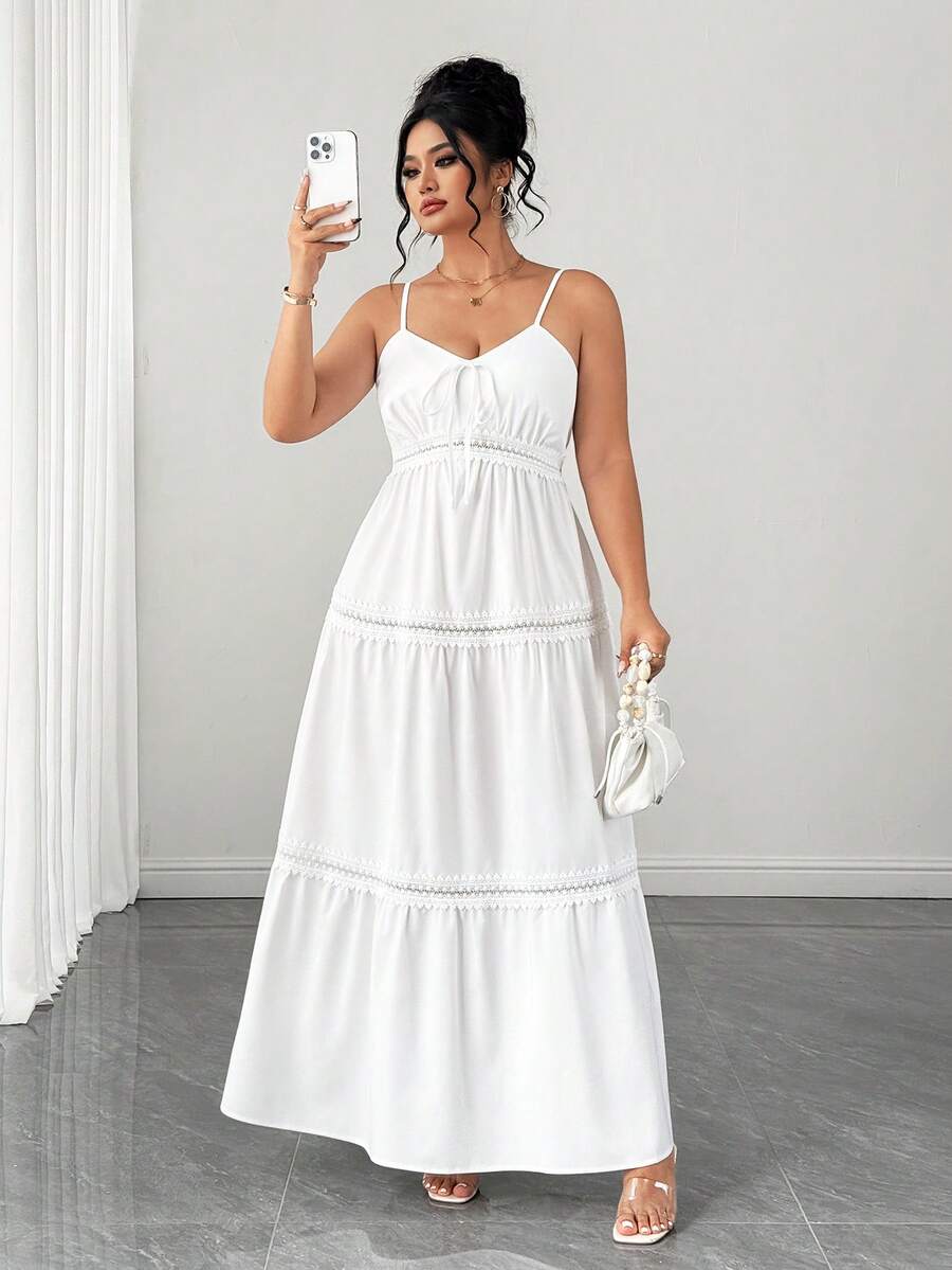 SHEIN Tall CURVE Plus Size White Summer Boho Party Holiday Elegant Fitted Lace Patchwork Slip Dress, Waist Flared A-Line Design For Dates,Outings & Vacations - White - View 1