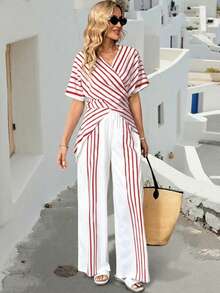 SHEIN Holidaya Women's Elegant Casual Vacation Striped 2 Pieces Set - Red - View 6