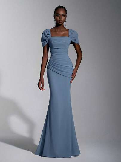 Elitara Elegant Chiffon Off-Shoulder Ruffle Front Slim Fit Fishtail Dress, Suitable For Dates, Vacations, Singles Parties, Weddings, Bridesmaid Dresses