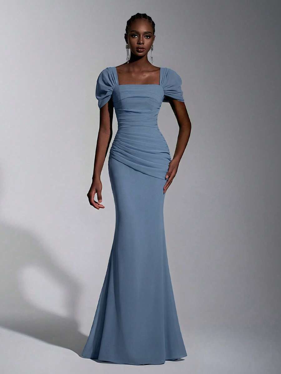 Elitara Đầm chiffon dáng suông, trễ vai, xếp ly phía trước, kiểu đuôi cá, thanh lịch, thích hợp cho hẹn hò, du lịch, tiệc độc thân, đám cưới, hoặc làm đầm phù dâu. - Màu xanh bụi bặm - Xem 1