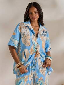 Opulessa 女士度假印花宽松梭织衬衫 - 淺藍色 - 查看 5