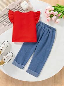 SHEIN Vintaside Kids 2件/組少女休閒蝴蝶結裝飾荷葉袖T恤與櫻桃刺繡牛仔褲套裝，適合戶外、生日派對穿著 - 彩色 - 查看 2
