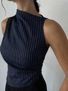 Firerie 女款優雅簡約通勤辦公海軍藍條紋無袖百褶領夏季上衣 - 藏蓝色 - 查看 7
