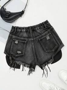 SHEIN Tall CURVE Plus Size Women Blue Denim Ripped Shorts - Black - View 2