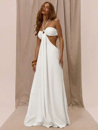 MUSERA Mono de pierna ancha extrema con detalle de anillo O, tirantes halter y bandeau, estilo bohemio, para vacaciones, primavera, verano, playa, elegante, Ibiza, boda, fiesta, noche de cita, sexy, fiesta de boda