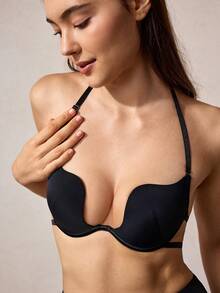 Veilyse 1pc Women Solid Color Backless Halter Neck Brafor Summerfor Summer - Black - View 6