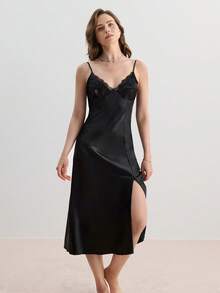 女士蕾丝拼布吊带睡裙睡衣裙长裙 Luxeloungewear - 黑色 - 查看 6