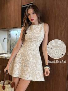 SHEIN PariChic 女士杏色法式优雅圆领无袖常规印花夏季连衣裙，新款上市，仿刺绣面料，无袖优雅连衣裙，度假连衣裙，沙滩连衣裙，春夏新款连衣裙，情人节连衣裙，商务通勤连衣裙，生日连衣裙，波西米亚风连衣裙，女士假日套装，夏季假日套装，女士休闲连衣裙，春夏新款女装 - 杏色 - 查看 8