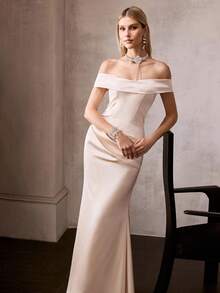 MOTF Soiréza 女士露肩长款正式派对礼服，修身胸衣，收腰设计，鱼尾裙摆（及地），后背拉链设计——优雅高贵的风格，是婚礼宾客、正式晚宴、颁奖典礼、盛大派对的理想之选。 - 杏色 - 查看 5