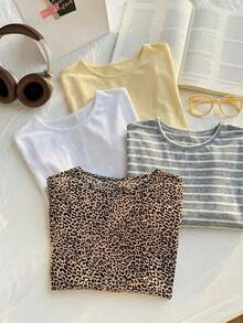 Comfortcana 4pcs/Set Solid Color Brown Casual Versatile Plus Size T-Shirts Spring Summer Gym - Multicolor - View 6