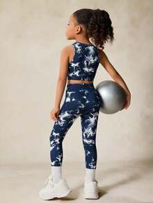 SHEIN 2pcs/Set Young Girls' Tie-Dye Print Elastic Camisole And Sports Pants Matching Sets, Yoga Outfits, Back To School Sets - Navy Blue - View 3