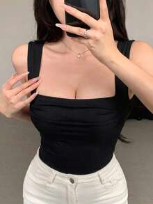 DAZY 女士纯色方领褶皱罗纹休闲背心夏季款 - 黑色 - 查看 3