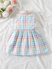 SHEIN Vintaside Kids 女婴可爱无袖彩色格子Polo领连衣裙，适合夏季休闲外出和户外玩耍 - 藍色 - 查看 2