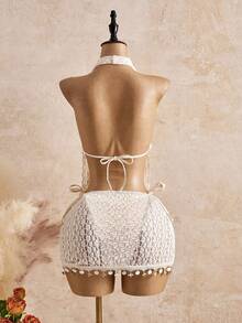 Bellisia 时尚女士泳装套装，性感比基尼搭配高腰系带泳裤，配纱笼裙，适合海滩、度假，饰有海星和贝壳图案，网红风夏季女装，度假套装，沙滩派对装，泳衣，罩衫，新娘送礼会礼服 - 杏色 - 查看 2