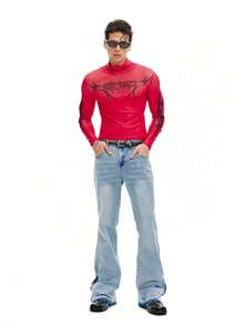 DSELFIQUE 男士浅色水洗叠层喇叭牛仔裤，踝部拉链设计。修身长款牛仔裤，打造现代休闲风格。男士牛仔裤 - 淺色水洗藍 - 查看 2