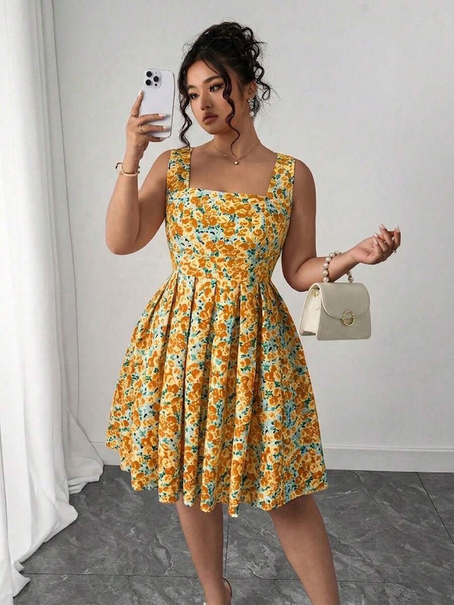 Elenzga Plus Size Women's Romantic Vacation Wide Neckline A-Line Ruffle Rose Floral Print Spaghetti Strap Dress, Suitable For Valentine's Day, Spring - Pale Yellow - View 1