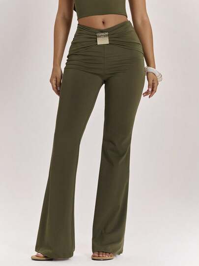 SHEIN BAE Women's Olive Green & Avocado Green Metallic Decor Low Waist Flared Pants, Suitable For Party, Cocktail Party, Music Festival, Casual, Country Music Festival, Club