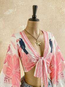 Soleia Casual Vacation Tie-Front Flare Sleeve Ruffle Cuff Leopard Print Shirt,Pink Top - Pink - View 3