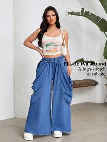 SHEIN Unity Women's Elastic Waist Pleated Casual Versatile Daily Wear Wide Leg Jeans - Blue - View 6